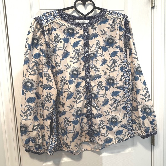See And Be Seen Womens Blue Cream Floral Mixed Print Lace Trim Blouse Large - Picture 2 of 9